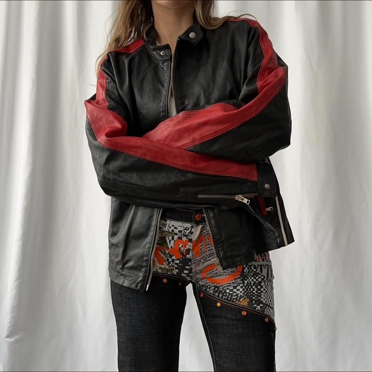 vintage black and red genuine leather biker / racing moto jacket